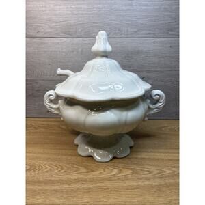 Vintage Red Cliff White Ironstone Round Soup Tureen with Lid and Ladle